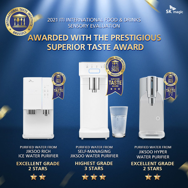 Purified water from JIKSOO water purifiers by SK magic awarded with highest grade of ITI Superior Taste Award 2021