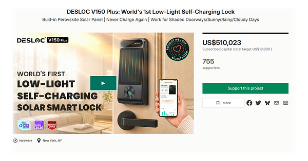 DESLOC V150 Plus Solar Smart Lock Tops $500,000 On Kickstarter, Setting A New Smart Lock Crowdfunding Milestone